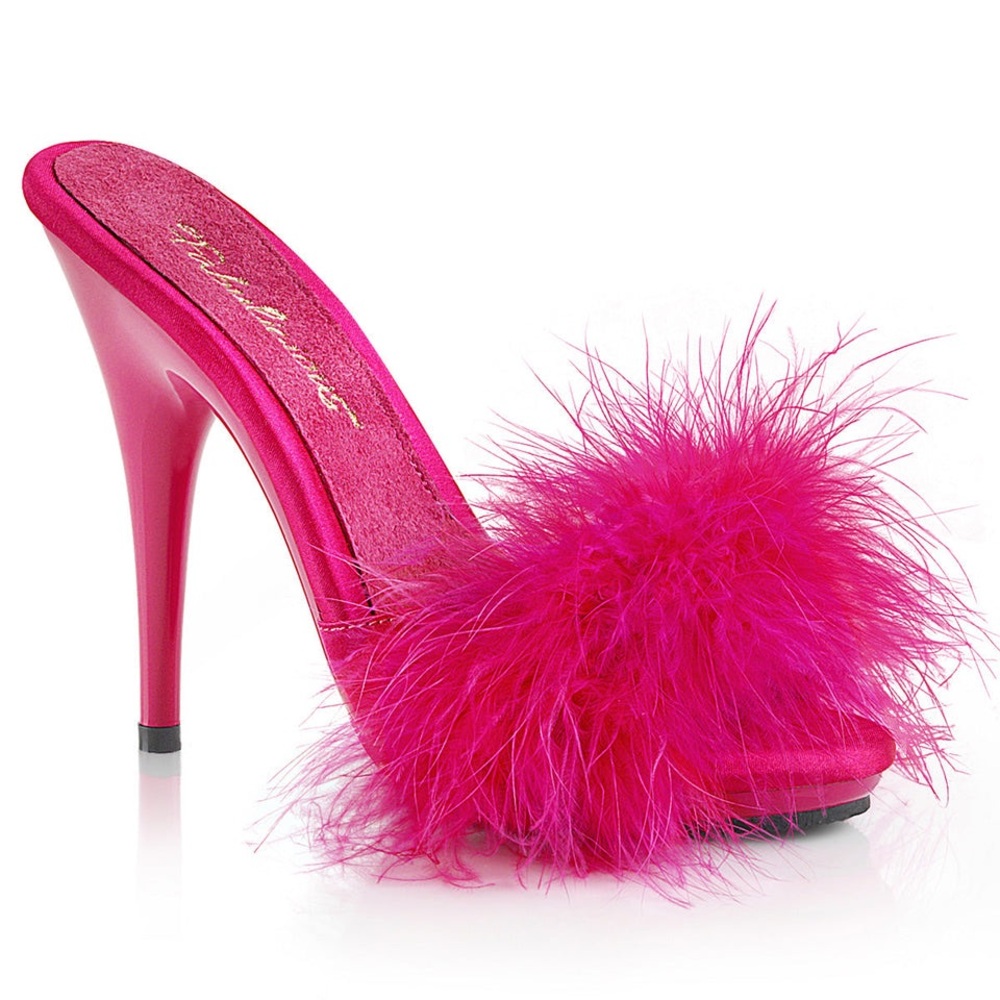 Fabulicious Poise-501F marabou slide sandal in hot pink satin